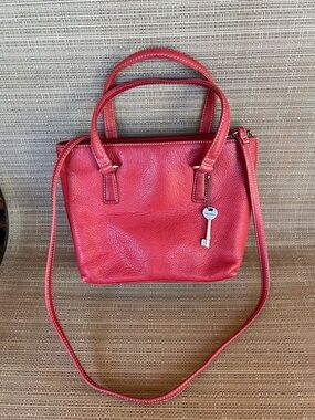Fossil Bright Red Pebble Leather Crossbody Satchel